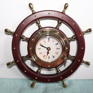 Ship Wheel Brass & Wood Nautical Quartz Wall Clock 10" Clock  DOES NOT WORK